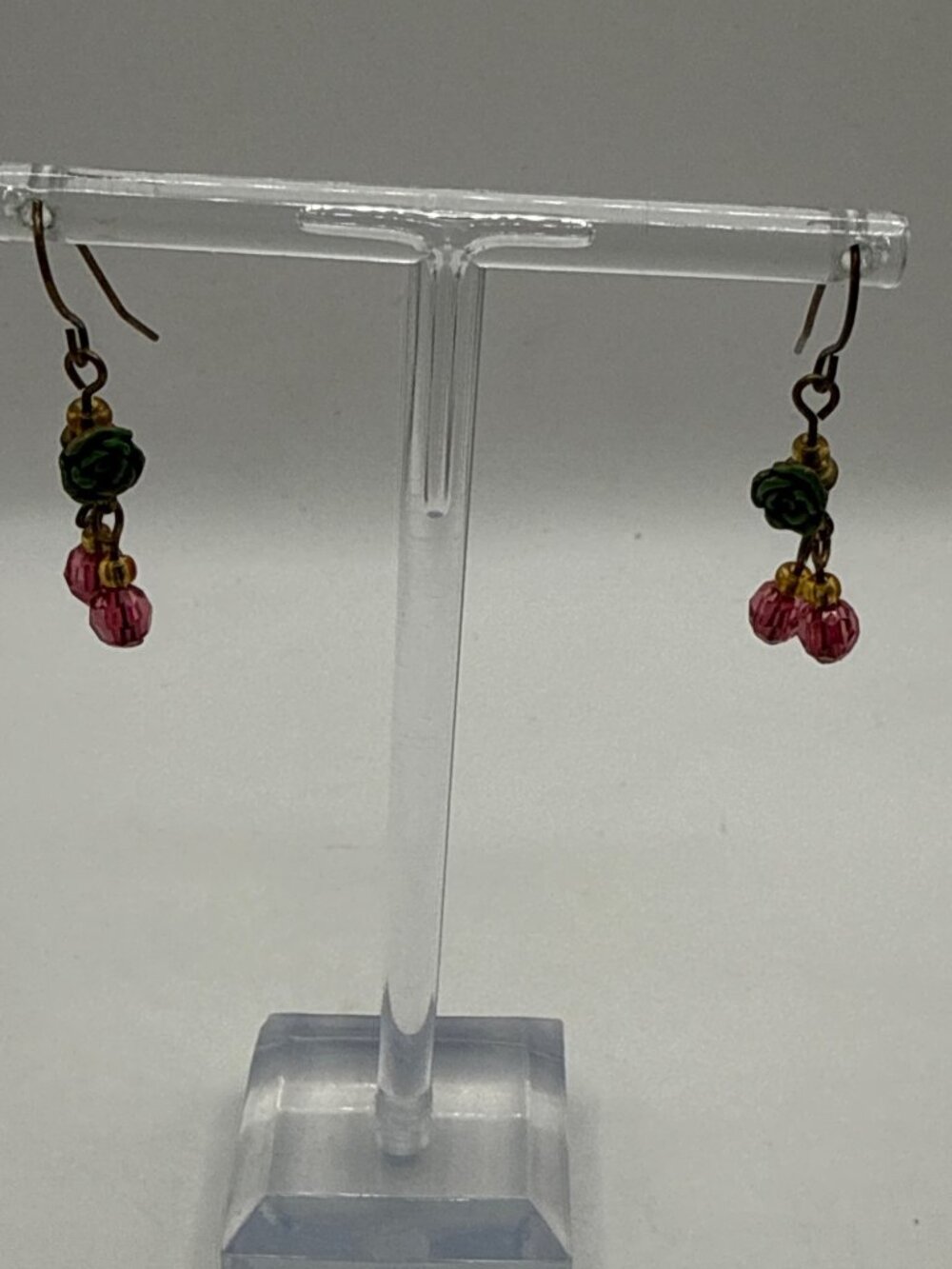 Vintage Boho Red Rose & Green Bud Dangle Earrings Antique Bronze Floral Jewelry